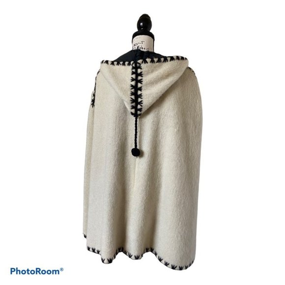 Vintage Boho Cape | White Black Embroidered Trim Warm Nordic Wool Hooded Poncho - Picture 2 of 9
